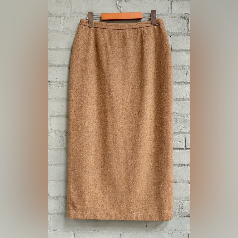 Vintage Wool Herringbone Tweed Midi Skirt